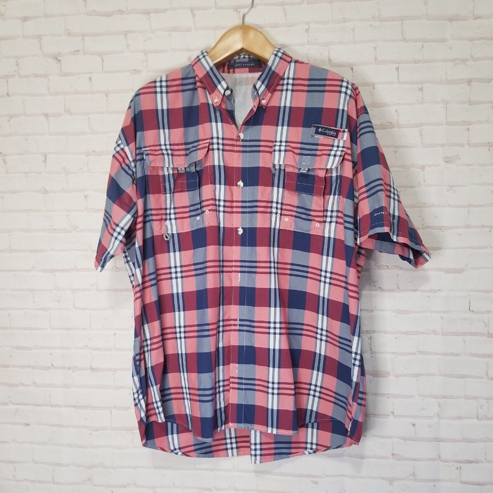 Columbia PFG Adult Extra Large Omni-Shade Blue Plaid Button Up Men Short Sleeve